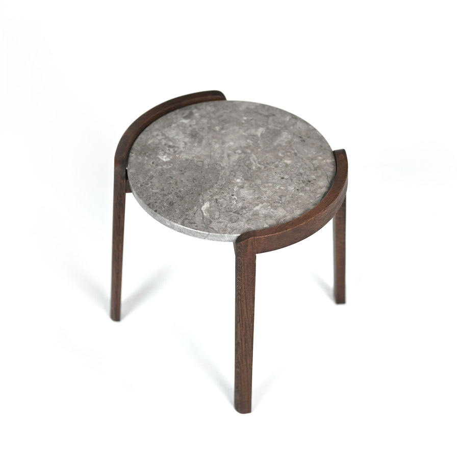 BOLIA Mix Small Coffee Table, frame in dark oiled solid Oak, top in Grigio Bottarga marble, top detail