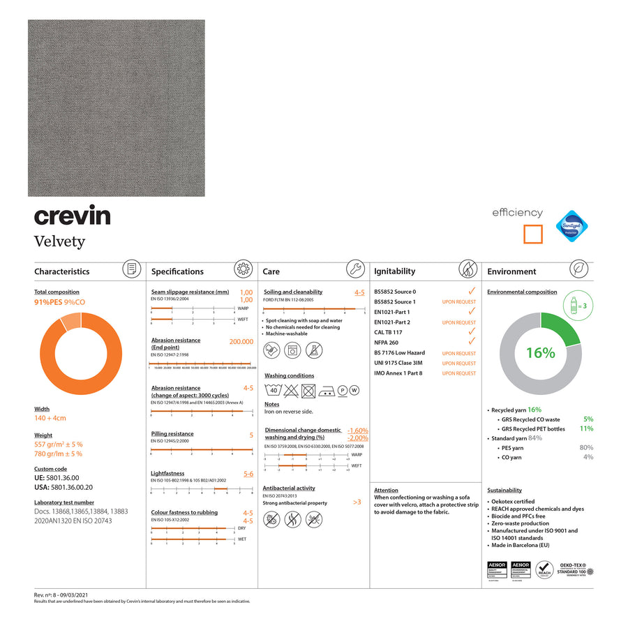 CREVIN Velvety fabric technical specs