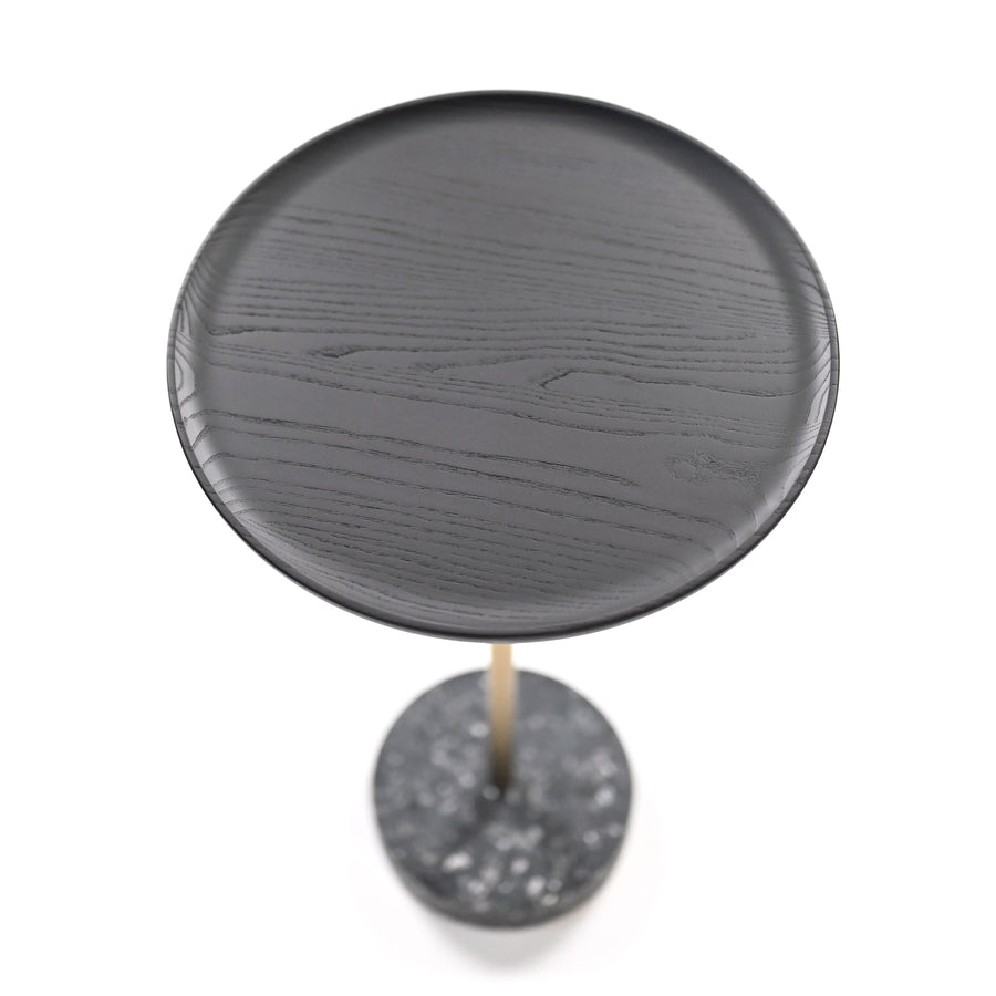 PIANCA Contralto Tall Side Table, Terazzo Balanzone base, Matte Bronze stem, Anthracite solid Ash top, detail 2