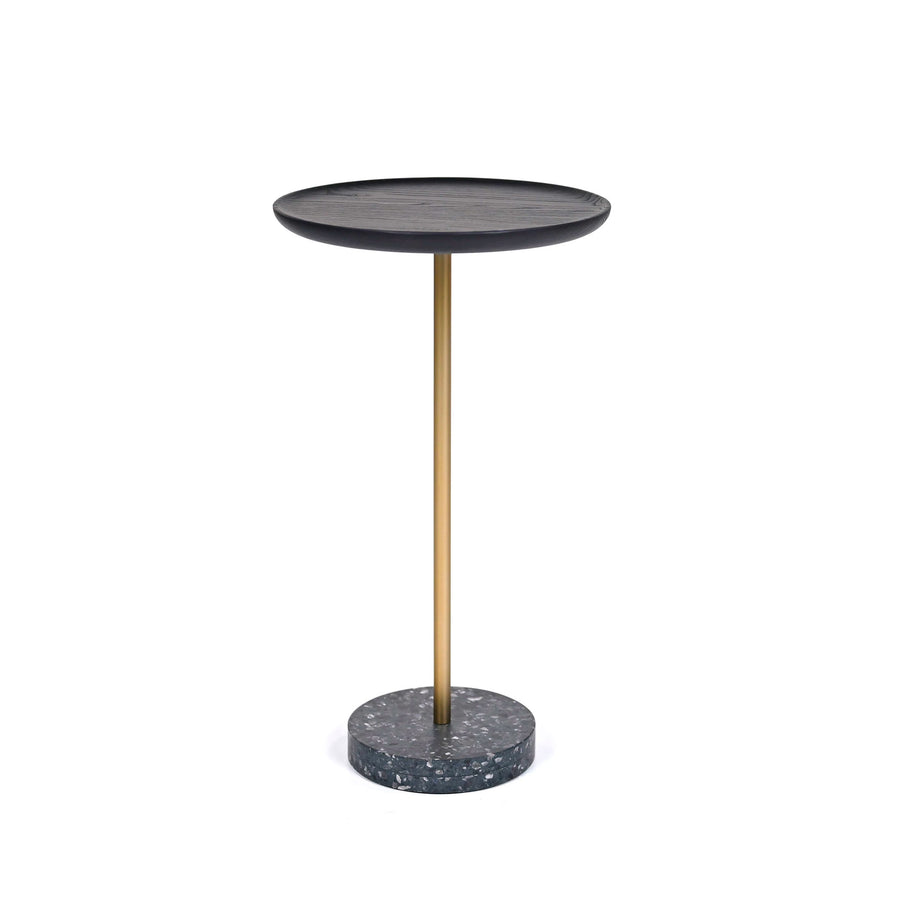 PIANCA Contralto Tall Side Table, Terazzo Balanzone base, Matte Bronze stem, Anthracite solid Ash top